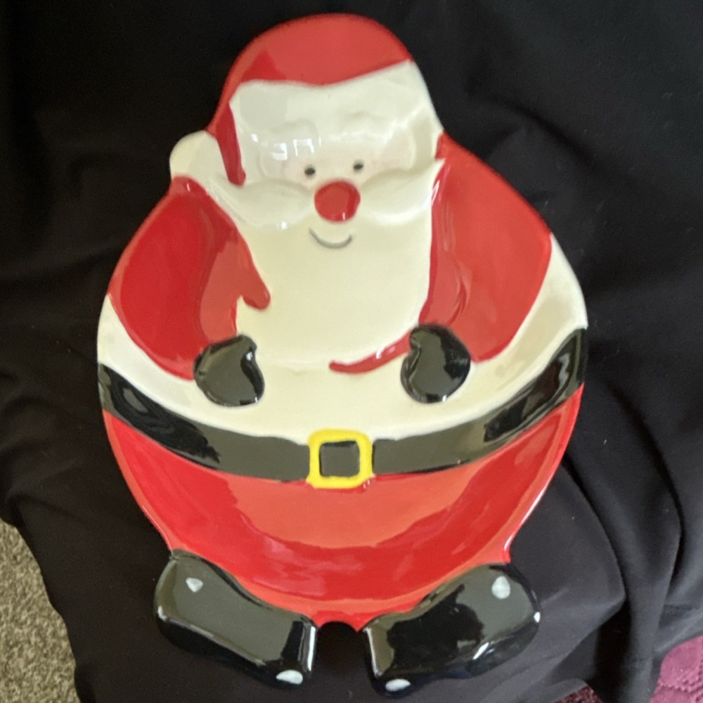 Century Ceramic Santa Claus Cookie/Candy Dish Glossy Red White Black Yellow 9 in
